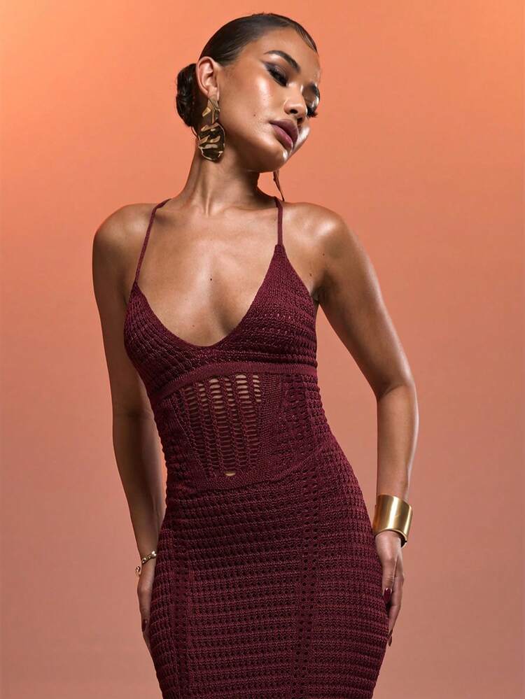 MUSERA Crochet Halter Neck Corset Panel Lace Up Back Maxi Dress