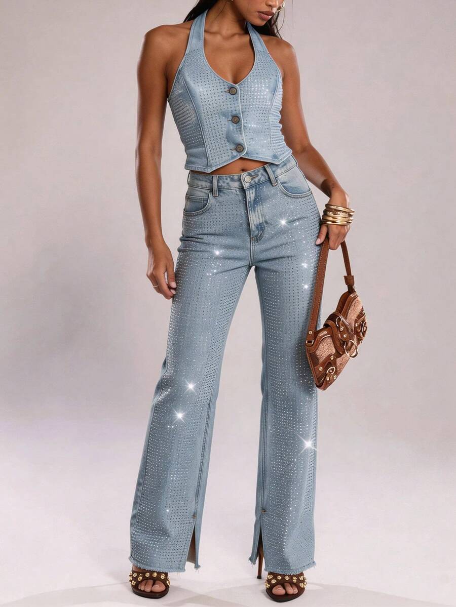SHEIN BAE Jeans de mezclilla con incrustaciones de strass para mujer - Azul - Ver 1
