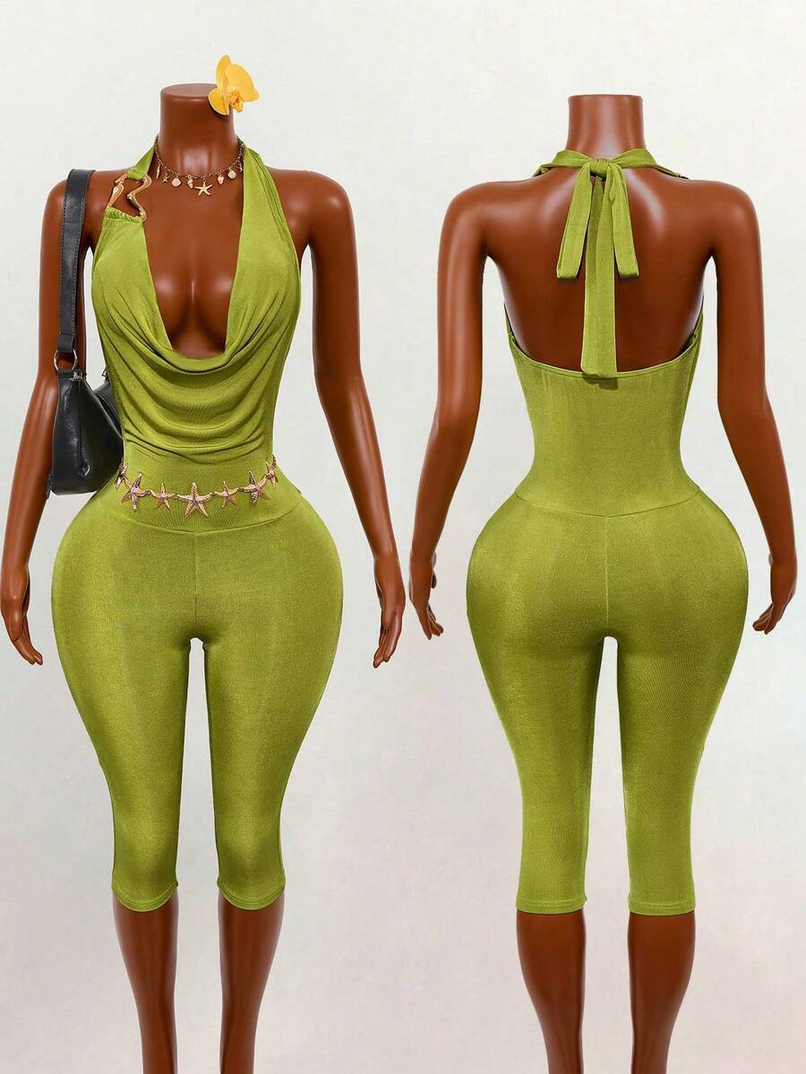 Mistrie Áo croptop màu vàng chanh và xanh lá cây với thiết kế cổ trễ vai, trang trí kim loại, quần lửng bó sát, chất liệu vải pha rayon bóng, bộ jumpsuit gợi cảm cho kỳ nghỉ, tiệc tùng, biểu diễn sân khấu. - màu xanh lá - Xem 1