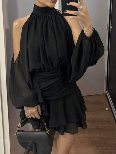 Opulessa Spring & Summer Vacation Beach Women's Elegant Solid Color Cold Shoulder Halter Mini Dress