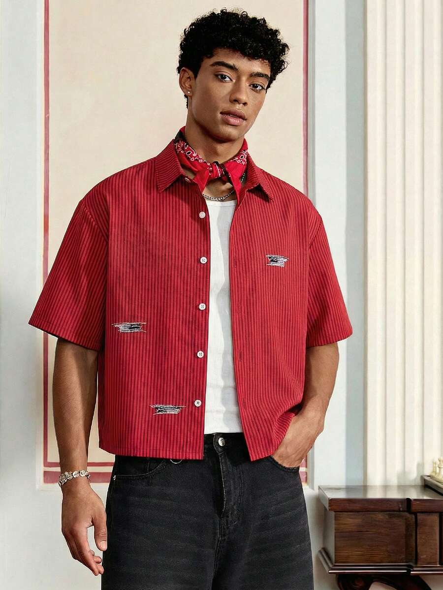 SWAVVY Camisa de manga corta con estampado digital de rayas para hombre, primavera/verano - Rojo - Ver 1