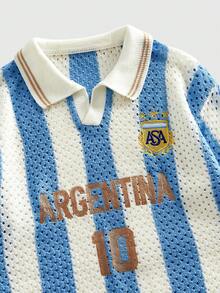 ROMWE MEN Polo de cuello suelto con estilo retro de fútbol americano y diseño calado de Argentina #10 - Azul y blanco - Ver 2