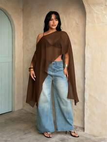 Rustia Plus Size Brown Plain Asymmetrical Hem Semi-Sheer Cloak Sleeve Regular Length Blouse - Brown - View 6