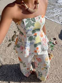 Firerie 女士优雅印花露背上衣和高腰阔腿裤两件套，浪漫波西米亚风海滩度假休闲装 - 彩色 - 查看 2