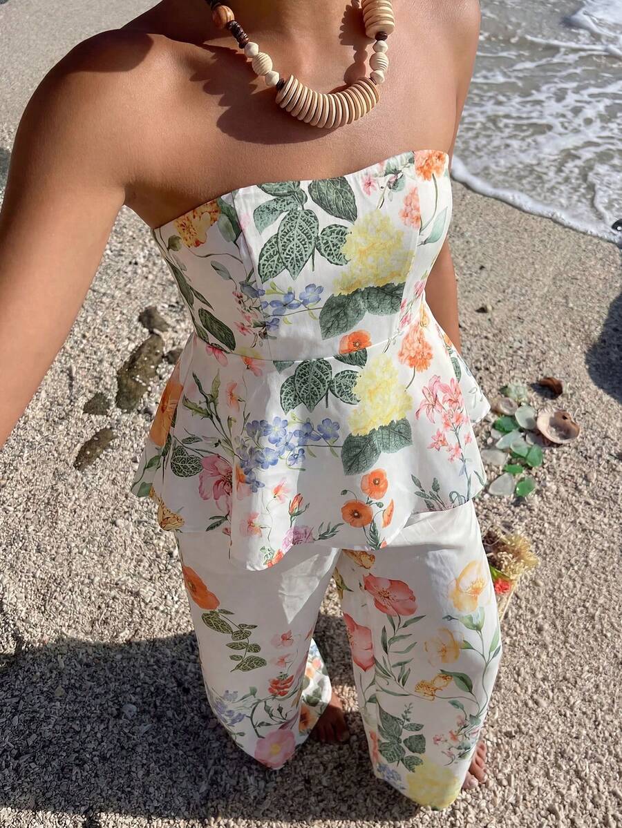 Firerie Bộ đồ 2 mảnh thanh lịch dành cho nữ, gồm áo cổ yếm in hoa và quần ống rộng cạp cao, trang phục thường ngày lãng mạn phong cách boho cho kỳ nghỉ biển. - Nhiều màu - Xem 1