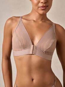 Veilyse Casual Fishnet & Lace Patchwork Hollow Out Sexy Deep V Front Closure Wireless Bra - Mocha Brown - View 7