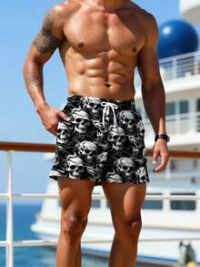 Solantero Quần short nam in hình đầu lâu, kiểu dáng thường ngày, có túi và dây rút, thích hợp mặc đi biển mùa hè. - Xám - Xem 5