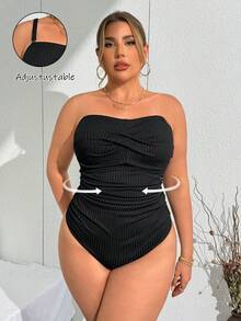 SHEIN Swim Curve 大码女式纯色吊带连体泳衣，休闲度假时尚 - 黑色 - 查看 1