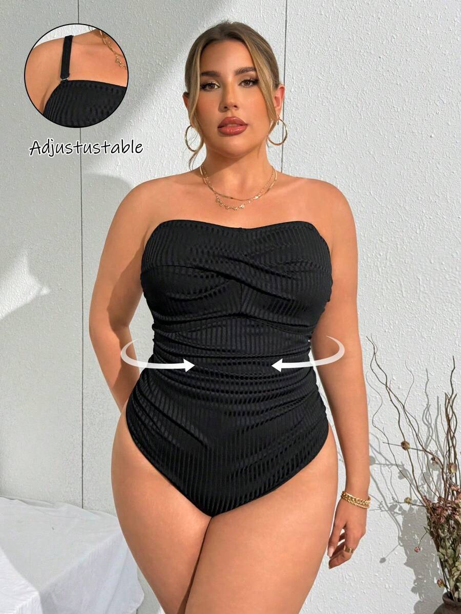 SHEIN Swim Curve 大码女式纯色吊带连体泳衣,休闲度假时尚 - 黑色 - 查看 1