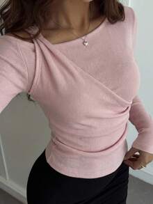 DAZY Women's Elegant 2 In 1 Splice Shoulder Long Sleeve T-Shirt, Fitted, Suitable For Spring And Summer - Pink - View 7