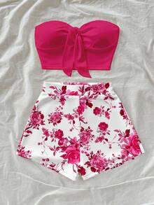 Soleia Women's Solid Color Ruched Bandeau Top And Floral Print Shorts 2-Piece Casual Outfit - Multicolor - View 5