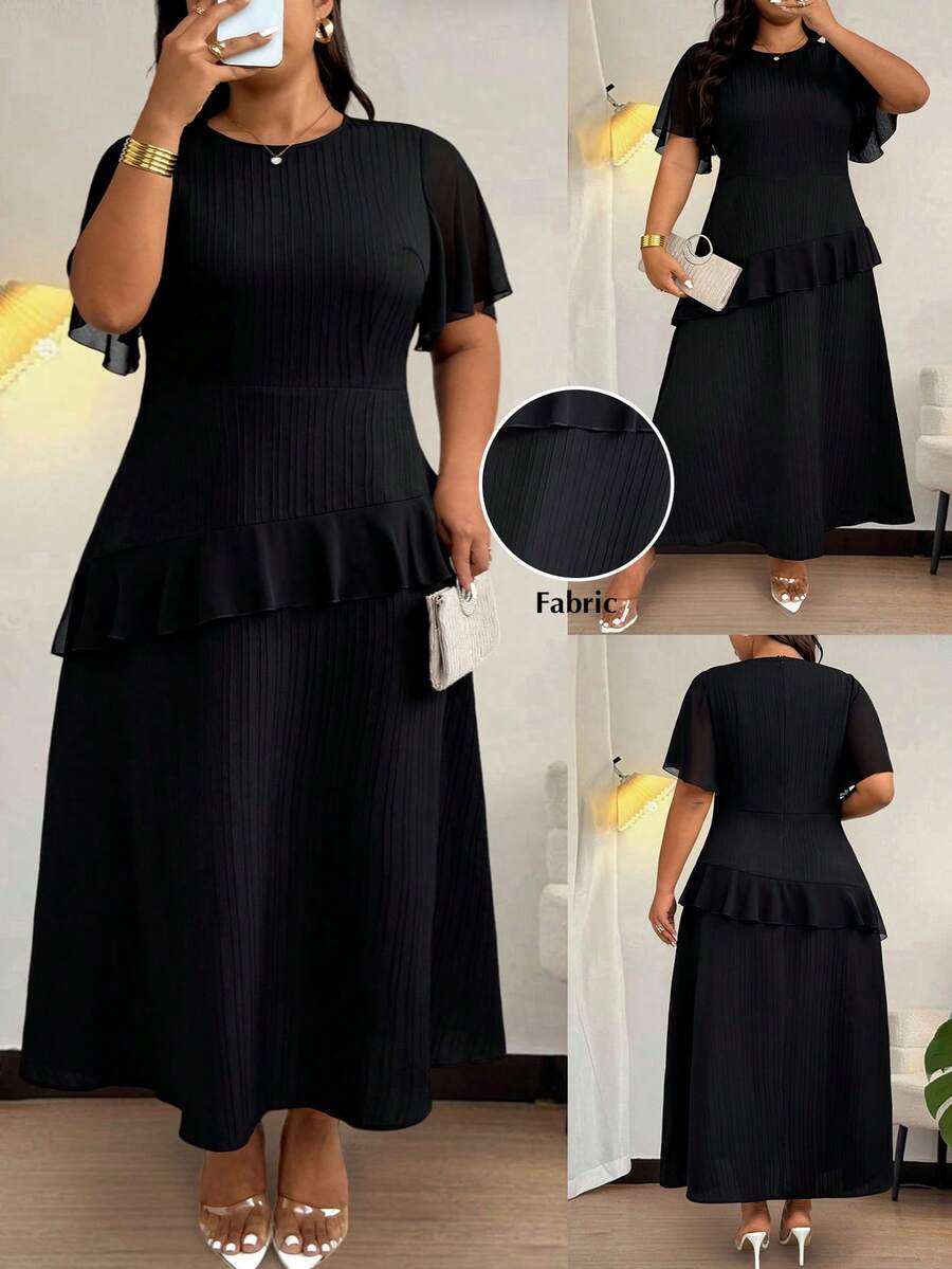 SHEIN CURVE+ Đầm chiffon phối họa tiết, chất liệu vải dệt nổi, thanh lịch dành cho nữ cỡ lớn. - màu đen - Xem 1