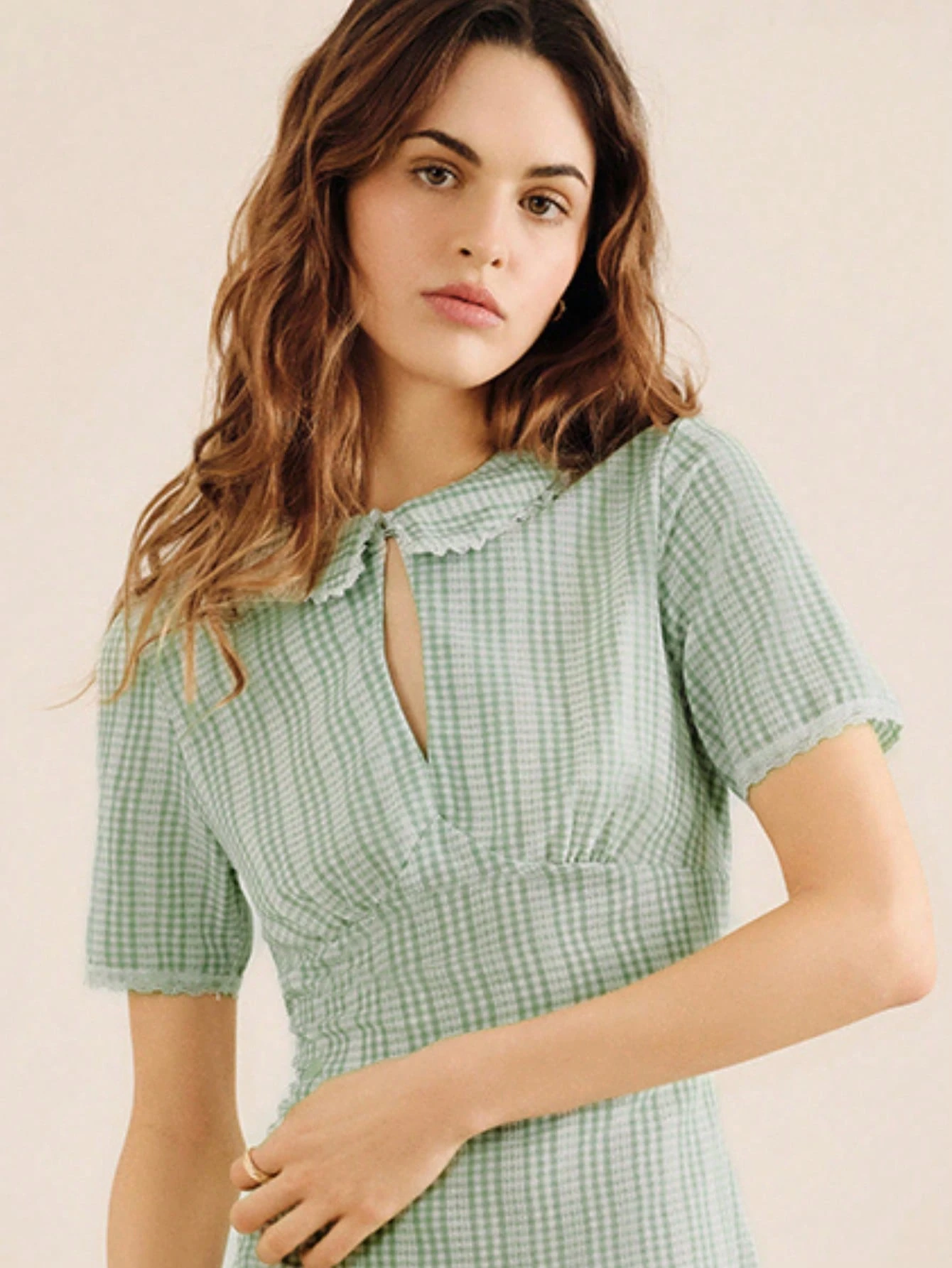 Sage Green Check Print Mini Dress With Keyhole Neck And Collar With Lace Trim Detail Spring Summer French Style Parisian Style Vacation Boho Dress Business Casual