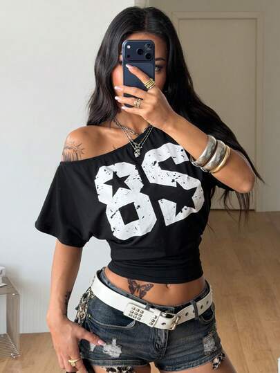 Coolane 女士夏季音乐会服装街头风 Y2K 运动装比赛日图案数字图案舒适黑色抹胸不对称领口露脐T恤