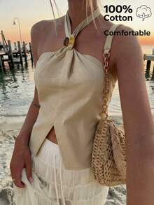 Aloruh Áo kiểu nữ mùa Xuân/Hè thanh lịch, thoải mái, thường ngày, chất liệu cotton lanh, cổ yếm, đính kim loại, xẻ tà, thắt eo. Áo cao cấp cho nữ, áo hở lưng, áo nơ cho nữ, áo thường ngày cho nữ, 100% cotton, áo mùa hè. - Màu be - Xem 4