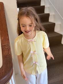 DAZY Young Girl Bow Decor Front Button Round Neck Short Sleeve T-Shirt - Yellow - View 3