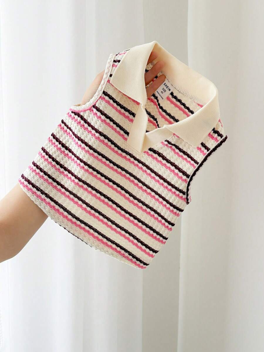 LMoss Kids LMoss  Young Girl Striped Knit Collared Casual Vest - Pink - View 1