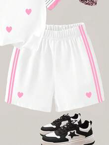 春夏少女休闲时尚创意个性清新简约粉色爱心白条纹夏季印花T恤短裤套装，舒适日常穿着 - 彩色 - 查看 4