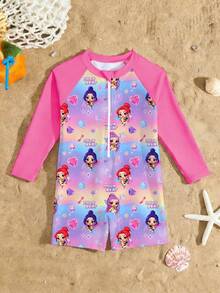 新款时尚女童连体长袖短裤泳衣，随机可爱印花少女泳装 - 彩色 - 查看 3