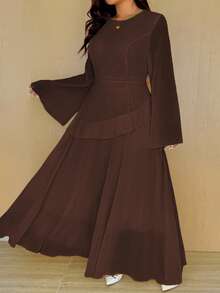 Vionelle Plus Size Solid Color Round Neck Ruffle Hem Elegant Long Sleeve Dress - Brown - View 3