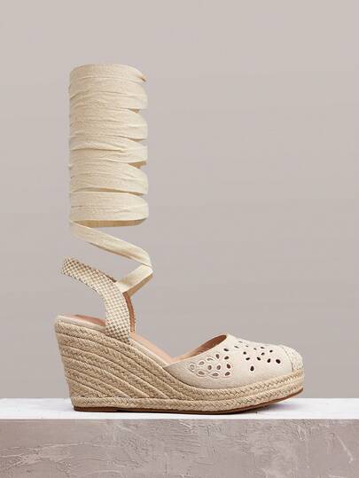 Styleloop Women Shoes Fashion Round Toe Wedge Heel Platform Apricot Embroidered Lace Up Comfortable Breathable Casual Hemp Rope Wedge Heel Women's Shoes Daily Commuter Simple Vacation Travel Pastoral Bohemian Music Festival Wear Women's Shoes Sandals