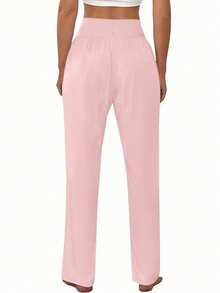 INAWLY Women's Casual Solid Color Wide Waist Pants - Pink - View 2