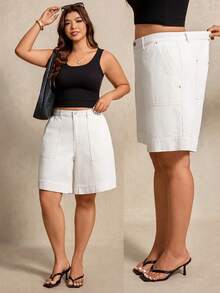 Quần short denim co giãn màu trắng cỡ lớn dành cho nữ hiệu Elaquor, thích hợp cho mùa xuân hè, chất liệu denim thoải mái, thanh lịch và dễ chịu. - Màu be - Xem 5