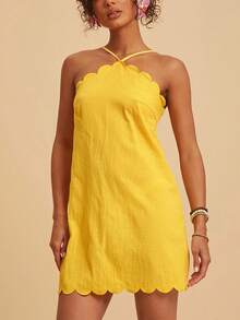 Travachic Đầm mini không tay thêu họa tiết, cổ yếm, viền bèo nhún dành cho nữ năm 2026, thích hợp cho kỳ nghỉ, hẹn hò, đi biển, du lịch, tiệc tùng, ăn trưa. - Màu vàng - Xem 5