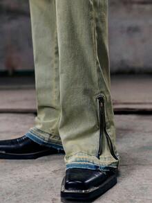 Skyrend Quần Jeans Denim Ống Loe Xếp Chồng Màu Sáng Cho Nam Có Khóa Kéo Ở Mắt Cá Chân, Kiểu Dáng Dài Thời Trang Đường Phố Y2K Cho Trang Phục Thường Ngày Nam Có Khóa Kéo - Rửa nhẹ - Xem 6