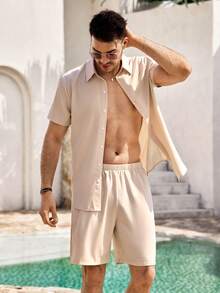Mercer Haus Camisa de Manga Curta e Shorts Casuais Soltos em Cor Sólida, Verão, Adequado para Férias de Verão em Destinos Tropicais como Havaí. - Damasco - Visão 5
