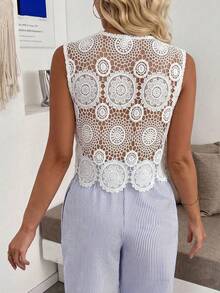 Franclia 女款蕾絲鏤空刺繡無袖優雅背心上衣，白色夏季波希米亞度假風休閒茶會 Pinterest 風格 - 白色 - 查看 2