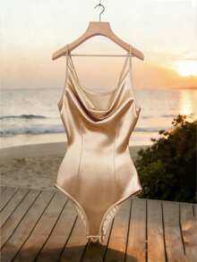 Lyxana Women's Fashion Knitted Spaghetti Strap Split Neck Romantic Elegant Casual Commute Date Party Bodysuit, Spring/Summer - Apricot - View 7