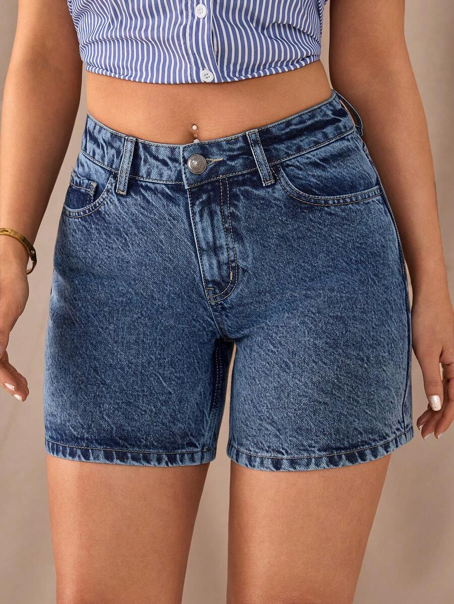 SHEIN Low Waist Regular Fit Medium Blue Snow Wash Casual Style Button Front Denim Short - Medium Wash - View 1