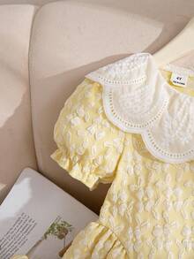 Elladie kids 1件女童夏季新款梭织纹理蓝色提花面料白色刺绣领花瓣袖开襟收腰休闲度假百搭甜美公主裙，适合上学、生日派对等场合 - 黃色 - 查看 7