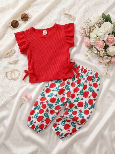 SHEIN Vintaside Kids 2件套女婴/幼儿条纹圆领荷叶袖T恤和印花长裤套装，儿童服装，婴儿套装，适合夏季派对、度假，花卉植物元素