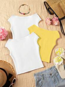 Sparklyn 3pcs/Set Tween Girl Vacation Snug Fit Off-Shoulder Multicolor T-Shirts - Yellow - View 2