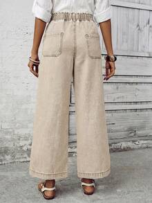 EMERY ROSE Women's Casual Everyday Commute Drawstring Waist Slant Pocket Loose Wide-Leg Jeans - Beige - View 2