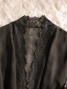 HautHeat 女士纯色吊带蕾丝拼接长袖睡袍套装 - 黑色 - 查看 3