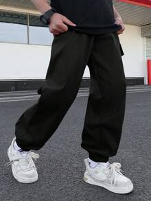 SHEIN Tween Boys' Casual Comfortable Elastic Waist Loose Solid Color Woven Pants - Black - View 3