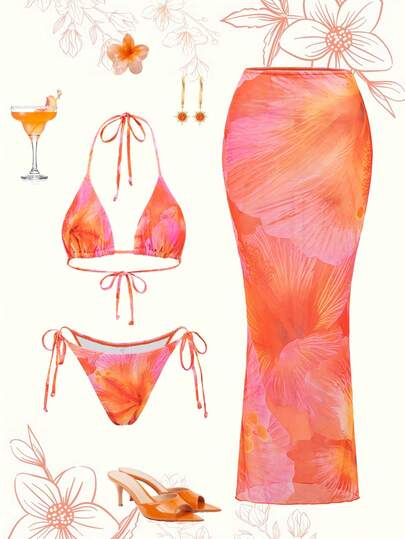 Swim Oasis 2026 New Sexy Positioning Print 3 PiecesSwimsuit, Lily Print Tie-Up Design For Women