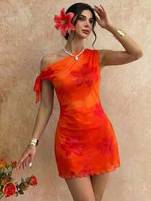 Firerie 女士新款碎花不对称露肩性感优雅度假迷你连衣裙，网纱碎花连衣裙，不对称领口连衣裙，春夏服装，沙滩装，优雅，性感，度假，海滩，夏威夷，约会，派对，音乐节，毕业礼服，舞会礼服 - 橘色 - 查看 3