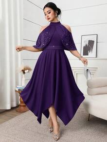 Modelyn Plus Size Elegant Rhinestone Embellished Cold-Shoulder Halter Dress, Summer - Purple - View 6