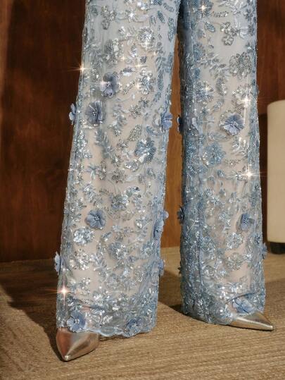Anewsta Elegant Silver Metallic Floral Mesh Sequin Straight Leg Pants, Graceful For Dates And Vacations
