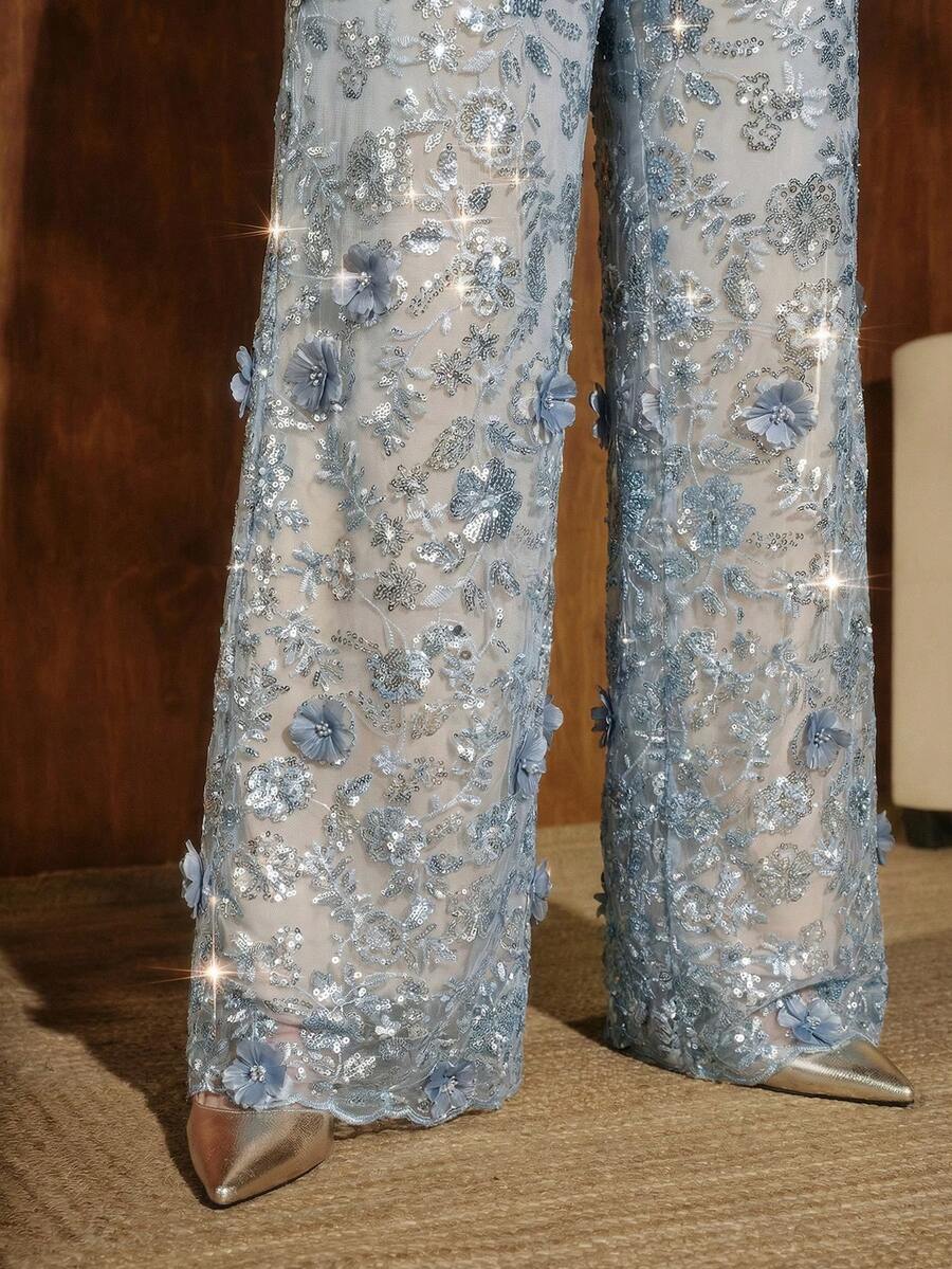 Anewsta Elegant Silver Metallic Floral Mesh Sequin Straight Leg Pants, Graceful For Dates And Vacations - Silver - View 1