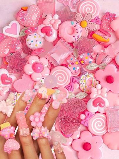 20/10 随机颜色树脂混合卡通造型DIY首饰制作材料，混合逼真可爱树脂DIY吊坠，适用于DIY耳环、手链、首饰制作配件、服装项链、手工DIY配件、装饰礼品（粉色）