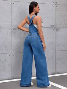 SHEIN Tall 女款素色斜口袋休閒寬鬆牛仔吊帶褲，適合高個女性 - 中等水洗藍 - 查看 2