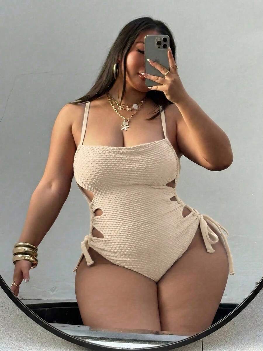 Swim SXY 2026款加大码连体泳衣，夏季沙滩镂空抽绳侧吊带性感连体泳装 - 米色 - 查看 1