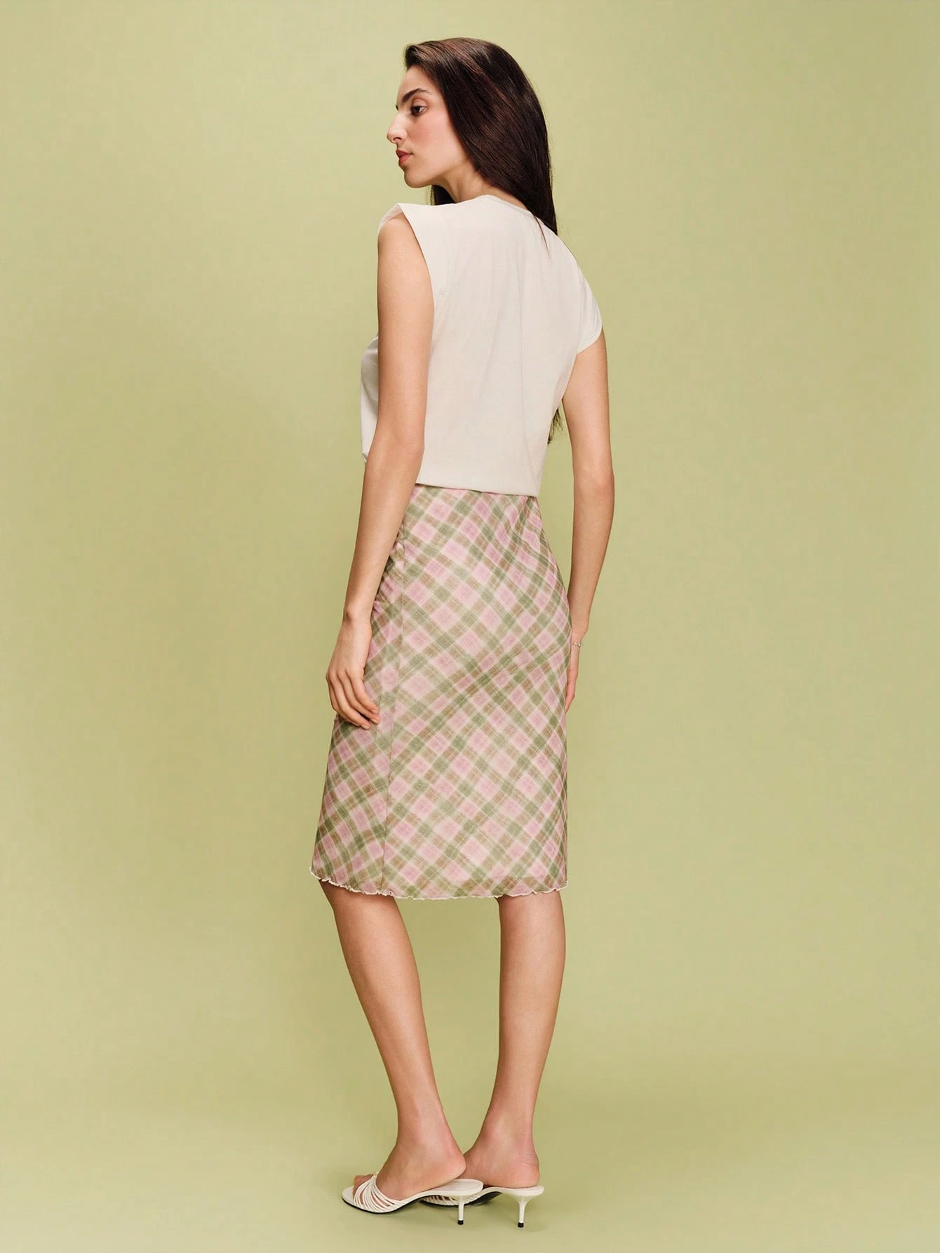 Green And Pink Midi Plaid Bias-Cut Mesh Skirt With Soft Drape Spring Summer Check Skirt French Style