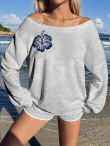 SHEIN EZwear Áo sweatshirt nữ tay dài dáng rộng màu xám nhạt, hở vai, họa tiết hoa dâm bụt 3D - Phong cách retro thường ngày, hoàn hảo cho bãi biển, lễ hội âm nhạc, kỳ nghỉ, trang phục mùa xuân và thu của các cô gái Miami, áo mùa hè. - Màu Xám nhạt - Xem 3