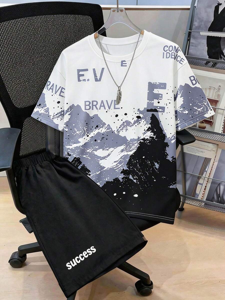 Vacaura 2 pièces Ensemble de t-shirt à manches courtes avec imprimé montagne aquarelle dégradé tie-dye gris, blanc et noir et short noir pour garçons adolescents, adapté pour le port décontracté d'été en extérieur - Noir - Voir 1